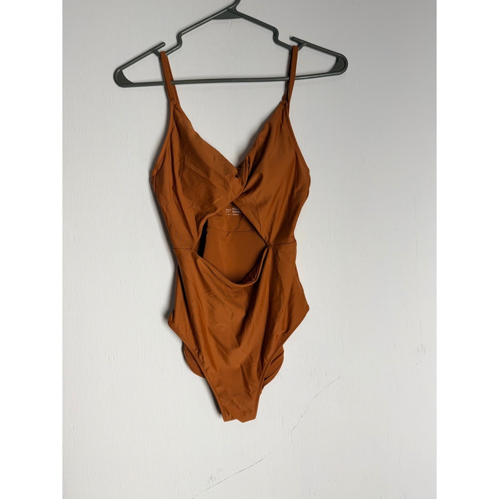 Aerie Real Good One Piece Swimsuit Rust Orange Twist Cutout Full Coverage Medium